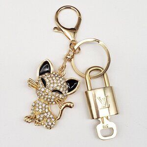 Louis Vuitton Gold Padlock Key 🔒 Authentic LV Charm + Unbranded Cat Keychain